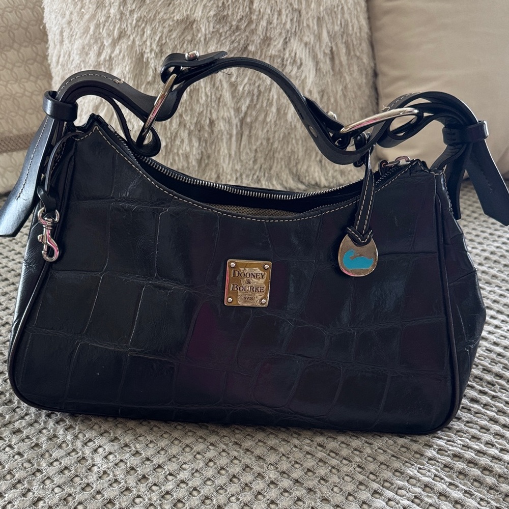 Dooney & Bourke Black Croc-Embossed Shoulder Bag with Gold Plaque